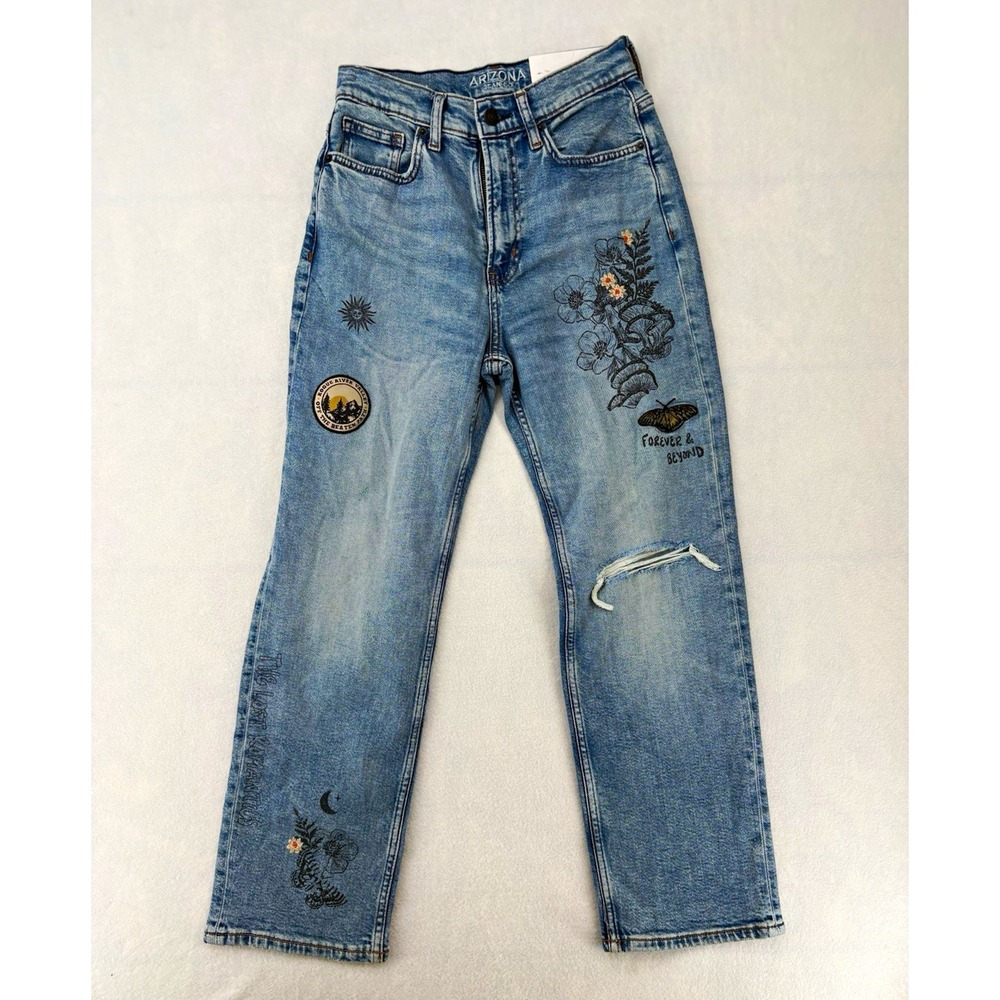 Arizona Jean Co. High Rise Slim Straight Jeans Light Wash Floral Embroidered W 4